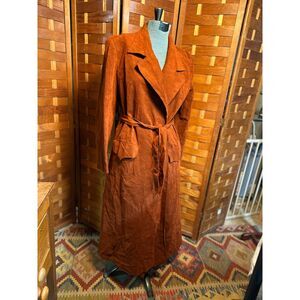 Vintage 1970s Roth-Le-Cover Suede Trench Coat Rust Brown Belted Made in USA